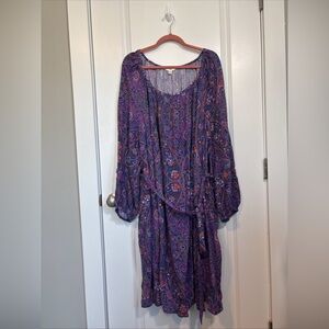 Terra & Sky Dress NWT Plus Size 4X Long Sleeve Shirred Boho Paisley Pockets Sash
